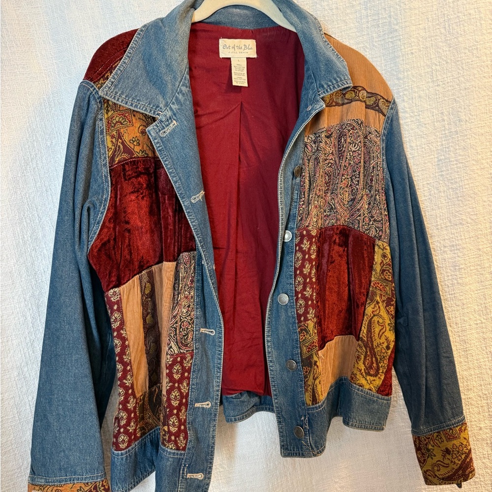 J. Jill Patchwork Denim Jacket with Red and Tan Accents